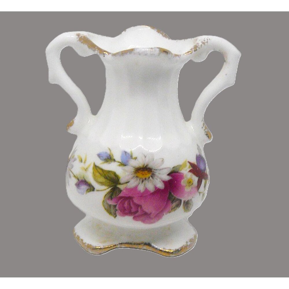 Vintage Fine Porcelain Floral Pitcher Vase With Gold Trim & Dual Handles